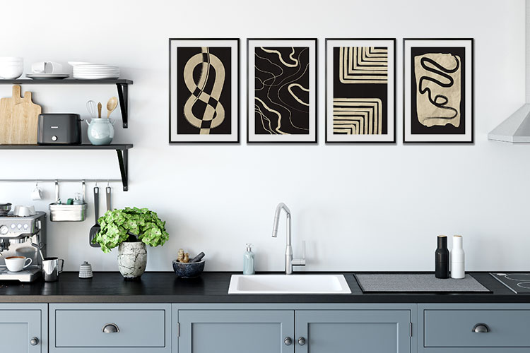 Black and Beige Art Reverse Set Poster Bundle in Black Frame