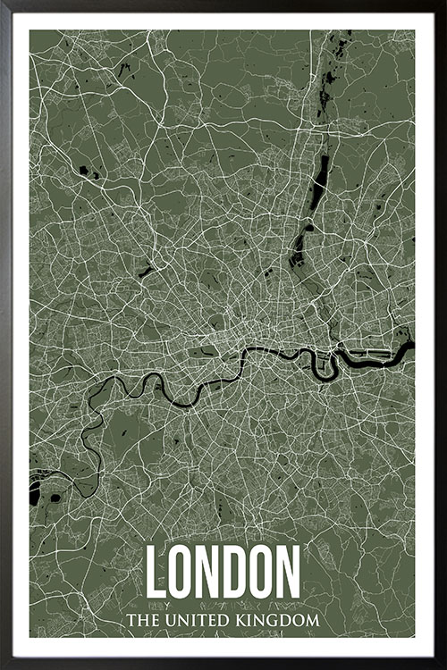 London Colored City Map Poster in black frame