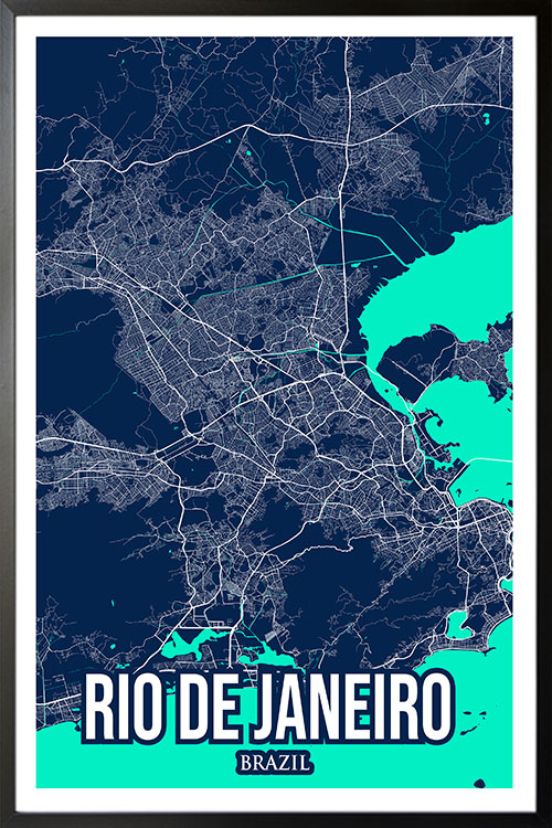 Rio De Janeiro Colored City Map Poster in black frame