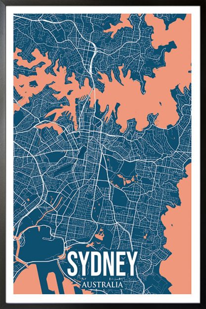 Rio Sydney Colored City Map Poster in black frame