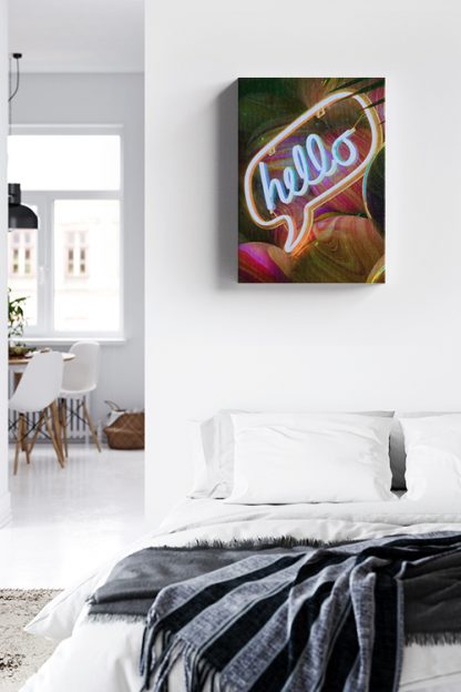 Neon hello sign with marble background Canvas in interior