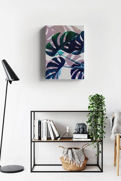 Tropical leaves in blue tone canvas