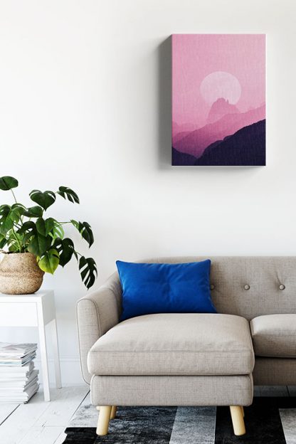 Pink sky, moon and mountain canvas