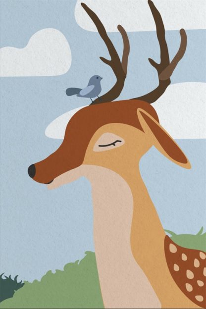 Cute deer with a bird Poster