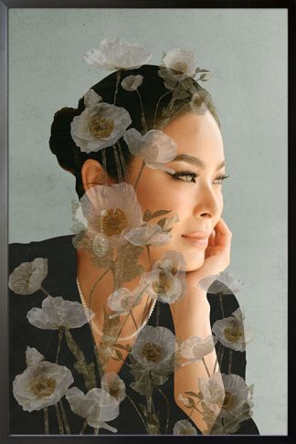 Maxine Medina with translucent flowers poster art with black frame.