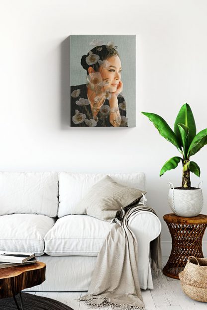 Maxine Medina on canvas print with translucent flowers in a white living room.