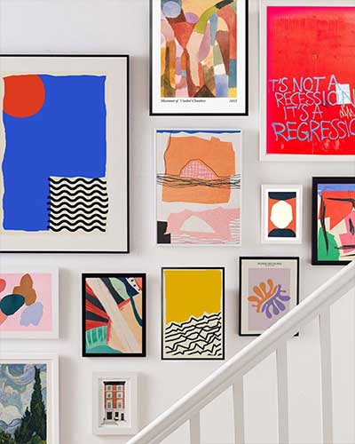 A colourful framed posters as a wall decoration