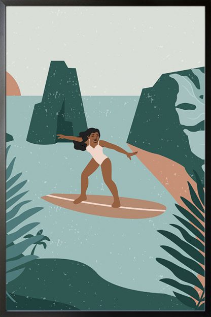 Surfer girl in an enchanted paradise poster