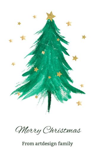 A Christmas greeting card tag no19 with green Christmas tree and a sender's family name.